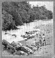 With the Lushai Expedition: encampment at Outan Chitra, on the Kurnafuli River, 1890. Creator: R. Taylor.