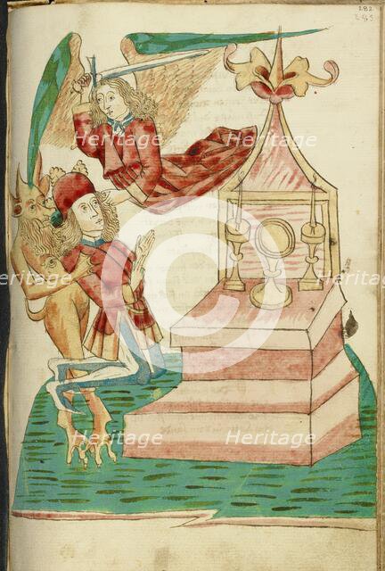 Josaphat in Prayer is Tempted by the Devil But Protected by an Angel; Barlaam und Josaphat, 1469. Creators: Hans Schilling, Diebolt Lauber.