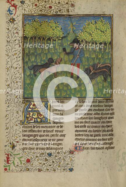 A Hunter Training Dogs to Respond to the Call of the Horn; Livre de la Chasse, about 1430-1440. Creator: Unknown.