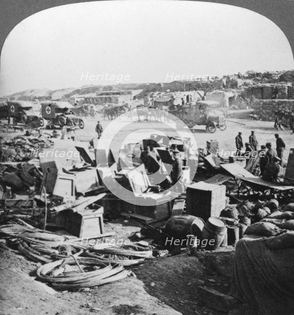 Supplies landed at Suvla Bay, Turkey, Gallipoli landings, World War I, 1915. Artist: Realistic Travels Publishers