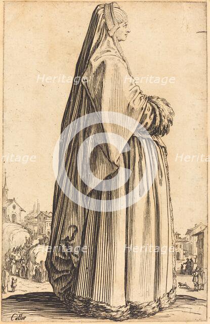Noble Woman Wearing a Veil and a Dress Trimmed in Fur, c. 1620/1623. Creator: Jacques Callot.