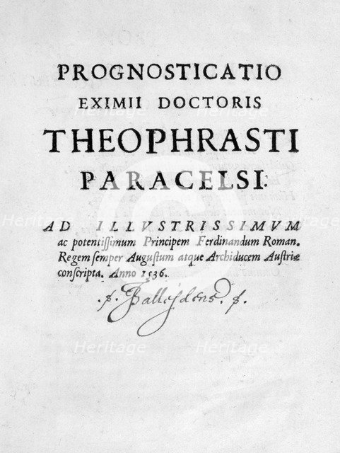 Title page of Prognosticatio Eximii Doctoris Paracelsi, 1536.  Artist: Theophrastus Bombastus von Hohenheim Paracelsus
