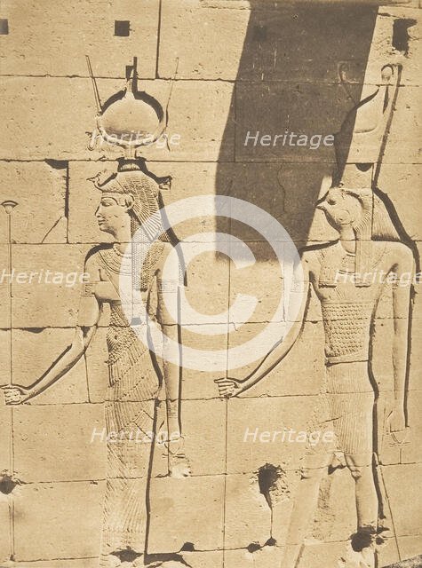 Isis et Horus-Arsiési - Bas-relief du Temple de Kalabcheh (Talmis), April 8, 1850. Creator: Maxime du Camp.
