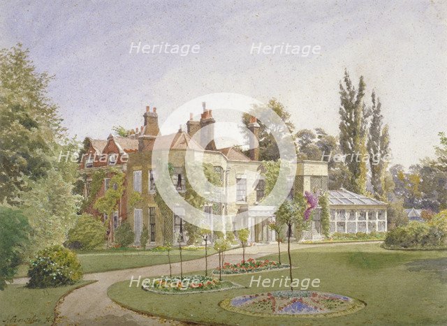 The front entrance and garden at Raleigh House, Brixton Hill, Lambeth, London, 1887. Artist: John Crowther