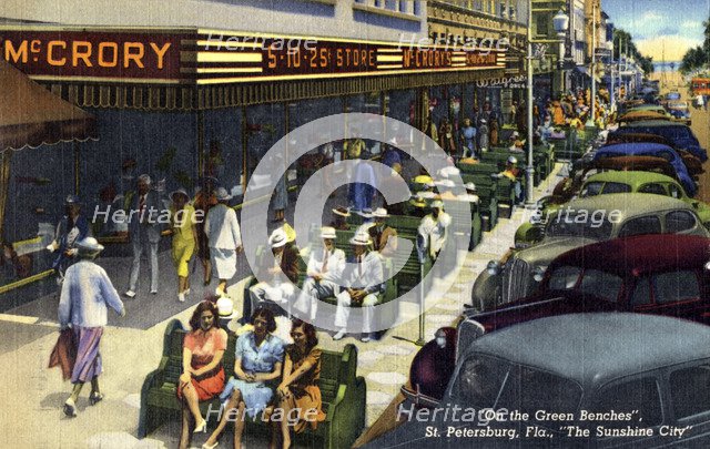 'On the Green Benches, St Petersburg, Florida, The Sunshine City', USA, 1940. Artist: Unknown