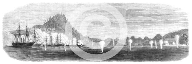 The War in Japan: the Red Battery opening fire on the corvettes, Sept. 6, 1864. Creator: Smyth.