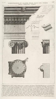 Cornice and column from the Temple of Fortuna Virilis (Tempio della Fortuna Virile), from ..., 1756. Creator: Giovanni Battista Piranesi.