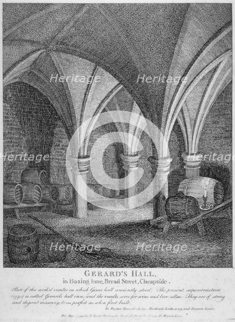 Crypt under Gerard's Hall on the south side of Basing Lane, City of London, 1795. Artist: John Thomas Smith