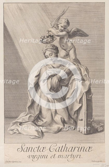 Saint Catherine of Alexandria, kneeling with her elbow resting on the spiked wheel, and an..., 1698. Creator: Nicolas Dorigny.