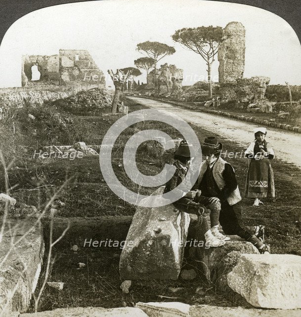 Tombs and children in traditional dress, Appian Way, Rome, Italy.Artist: Underwood & Underwood