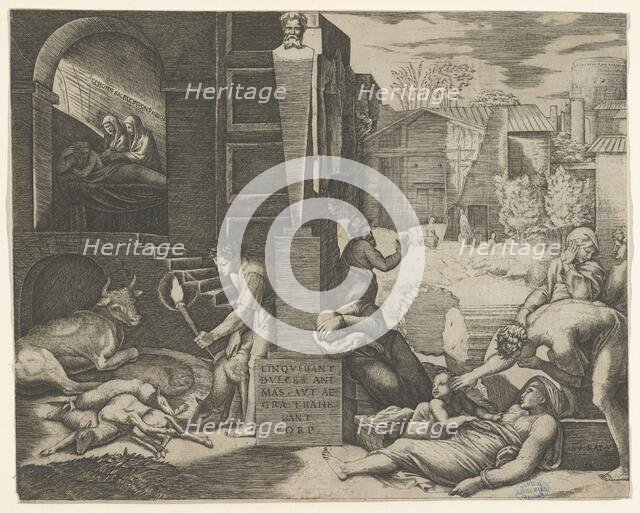A plague scene at right, a man at left holding a torch illuminating part of the sce..., ca. 1515-16. Creator: Marcantonio Raimondi.