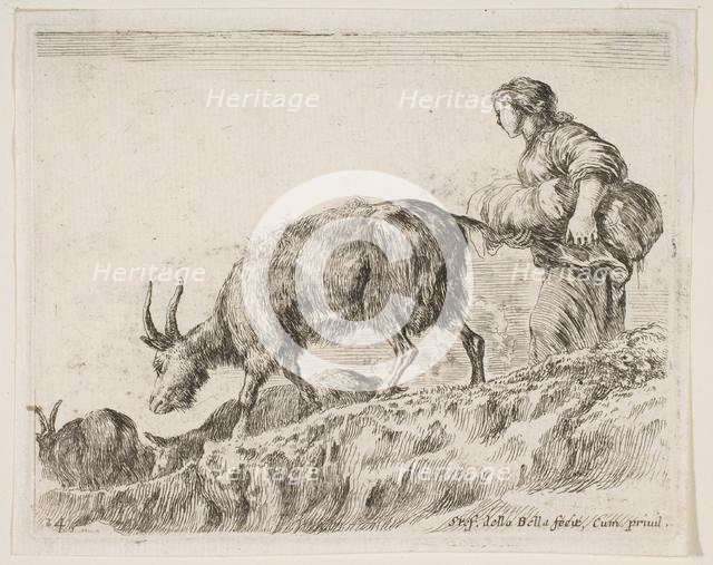 Plate 14: shepherdess herding goats, from 'Various animals' (Diversi animali), ca. 1641. Creator: Stefano della Bella.