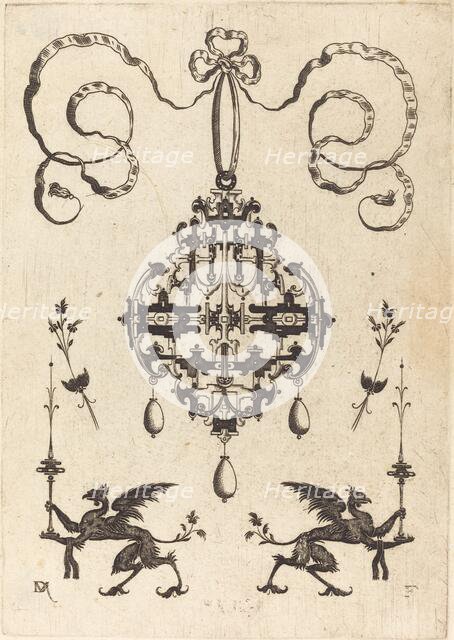 Large Pendant, Lower Left and Right Two Griffins Carrying Fantasy Candlesticks, 1596. Creator: Daniel Mignot.