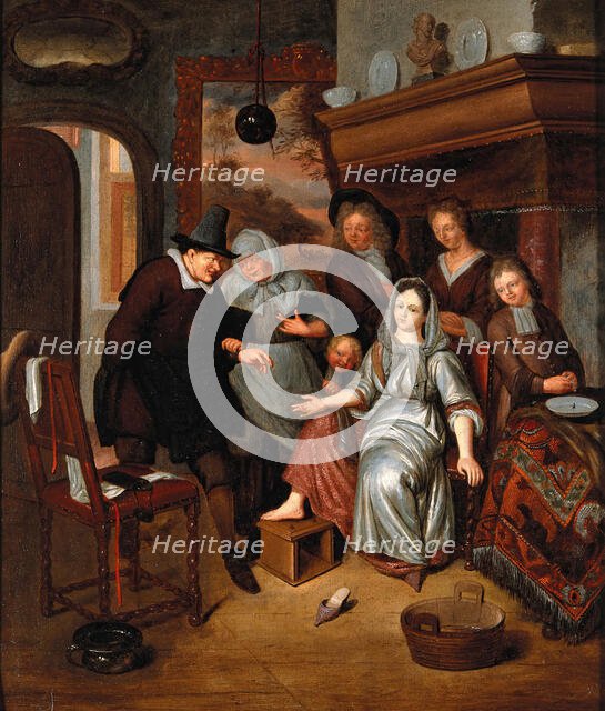 A surgeon preparing to let blood from the foot of a girl, in the presence of..., c1680s. Creator: Richard Brakenburgh.