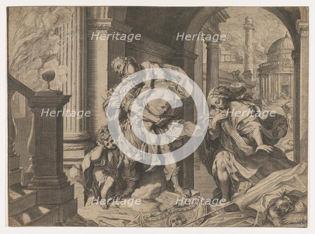 Aeneas and his family fleeing Troy, 1595. Creator: Agostino Carracci.