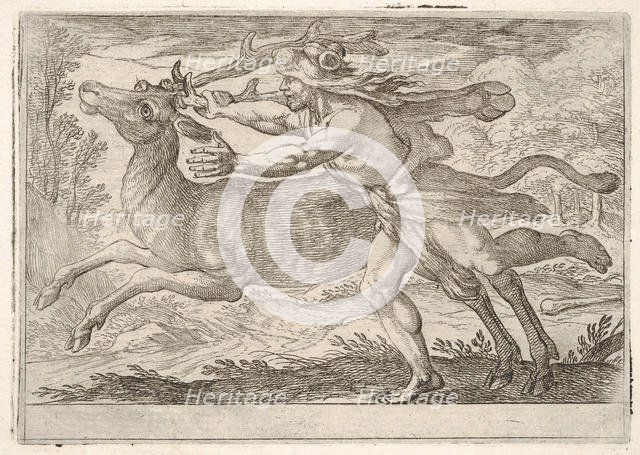 Hercules and the Hind of Mount Cerynea: Hercules strides alongside the hind and grasps the..., 1608. Creator: Antonio Tempesta.