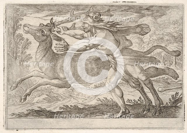 Hercules and the Hind of Mount Cerynea: Hercules strides alongside the hind and grasps the..., 1608. Creator: Antonio Tempesta.