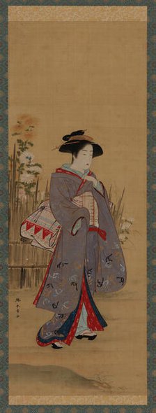 Woman near a fenced-off flowering garden, late 18th century. Creator: Shunsho.