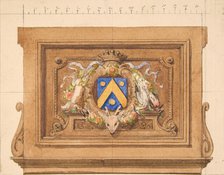 Design of a decorative panel featuring hunting trophies, a shield, and a crown, 19th century. Creators: Jules-Edmond-Charles Lachaise, Eugène-Pierre Gourdet.