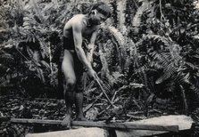 Sarawak: a Kenyah worker cutting a blowpipe from a block of wood, c1900. Creator: Unknown.