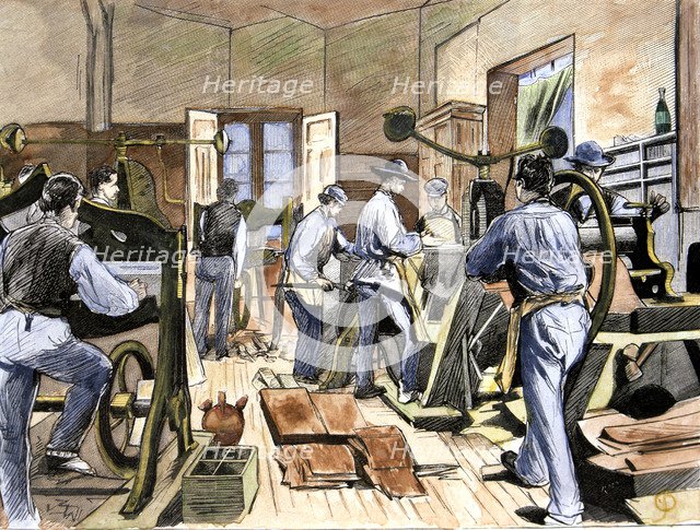 Inside the shoe factory of Mr. Soldevila, soles cutting department, in 1874, colored engraving in…