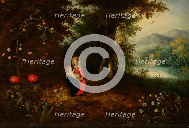 Virgin and Child in a Wooded Landscape, about 1615-1620. Creators: Abraham Govaerts, Ambrosius Francken II.