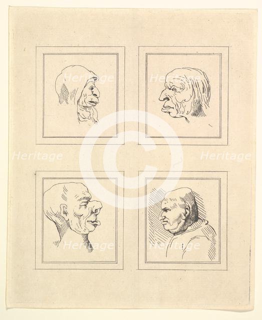 Four Heads (from Characaturas by Leonardo da Vinci, from Drawings by Wincelslaus Hollar, o..., 1786. Creator: Unknown.