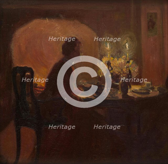 Tea by candlelight. Creator: Lobley, John Hodgson (1878-1954).