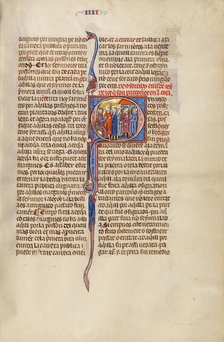 Initial Q: Three Men Standing before a Judge and Pointing to Two Men in..., about 1290-1310. Creator: Unknown.