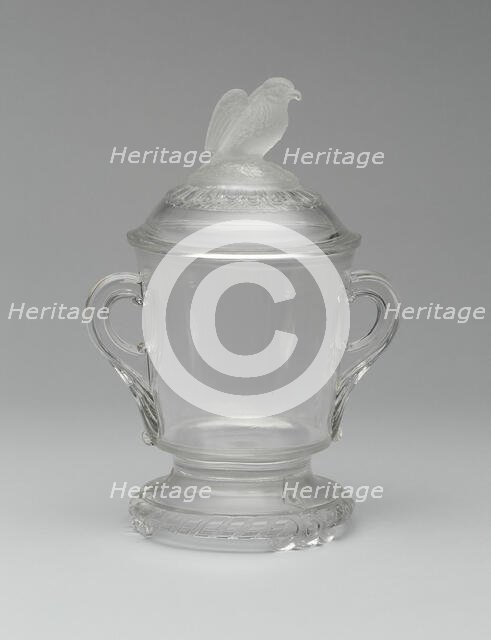 Old Abe/Frosted Eagle pattern covered sugar bowl, 1880/90. Creator: Crystal Glass Company.