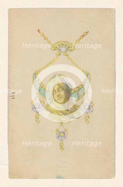 Design for a pendant with a sleeping women's head and poppies, enamelled gold, c.1905. Creator: Paul Louchet.