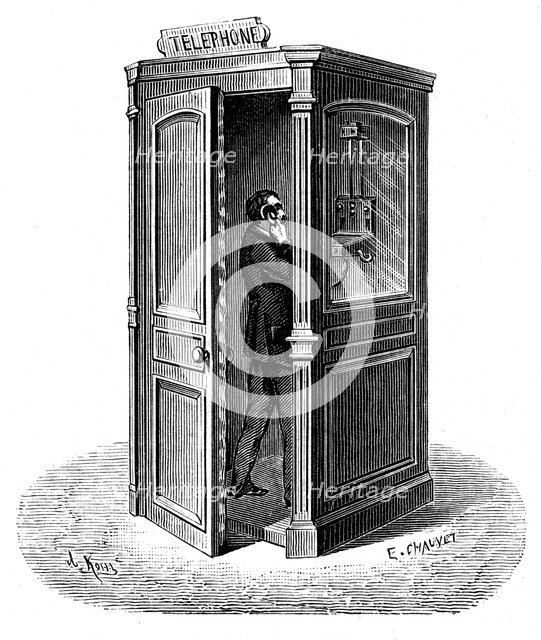Making a call from a telephone call box, 1888. Artist: Unknown
