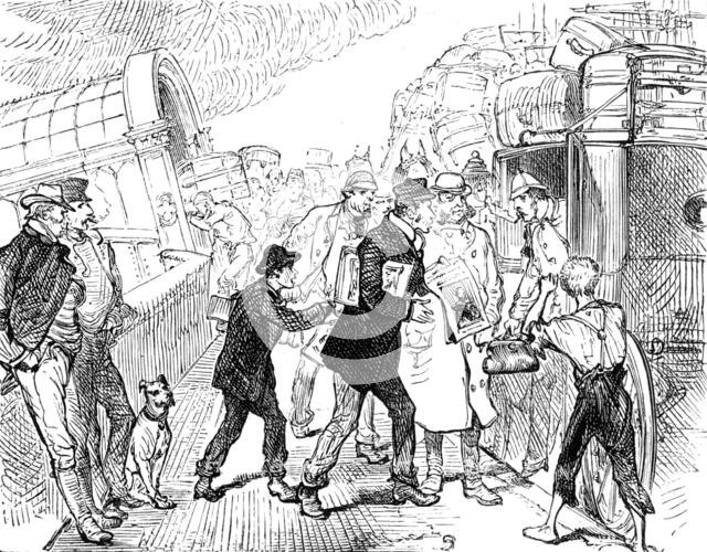 Departure of a Cunard steamer from Liverpool: passengers arriving at the landing-stage, 1881. Creator: Unknown.
