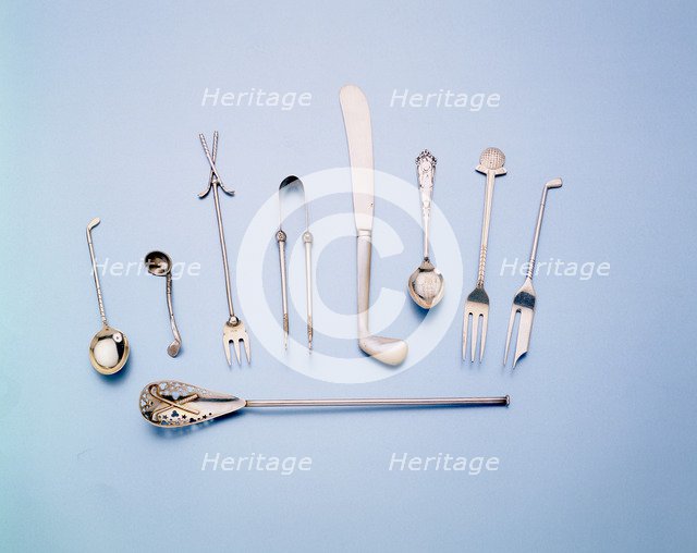 Silver and mother-of-pearl cutlery with a golfing theme, 1920s. Artist: Unknown