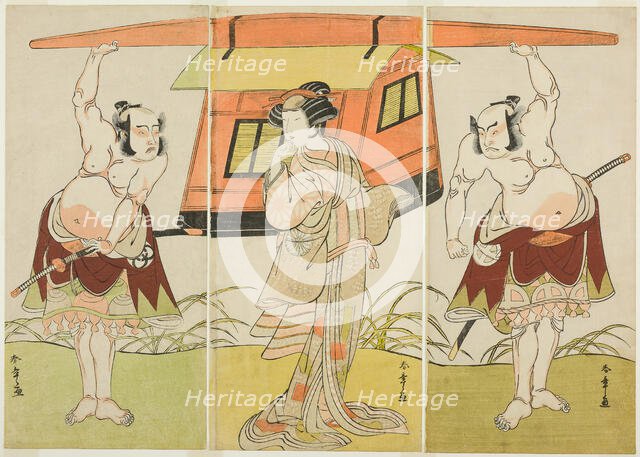 The Actors Otani Hiroji III as Yokambei (right), Nakamura Tomijuro I as Kuzunoha (ce,..., c. 1776. Creator: Shunsho.