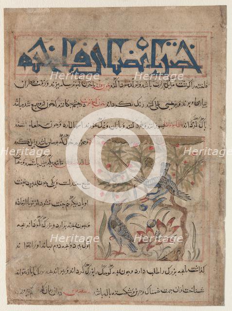 Qualities of Ringdoves (recto); On the Benefits of Quails (verso)..., c. 1300. Creator: Unknown.