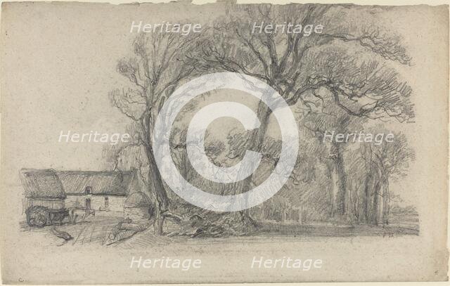 Landscape with Trees, Cottage, and Farm Wagon, c. 1858. Creator: Eugene Louis Boudin.