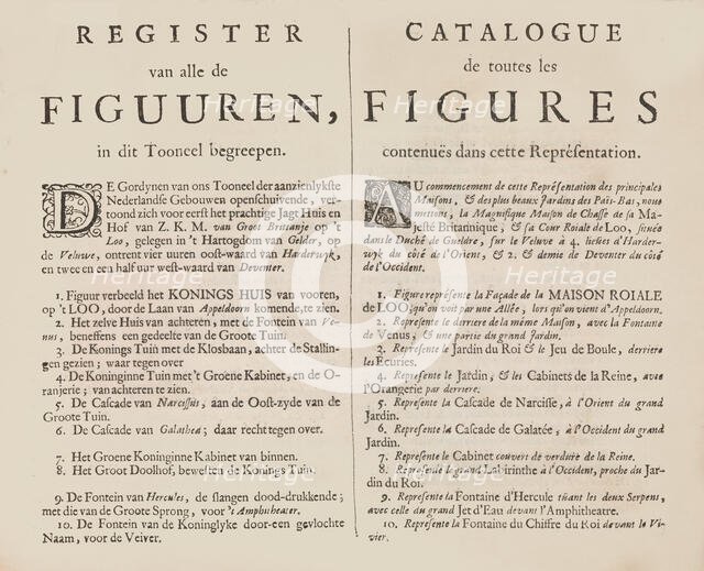 Index to the plates of the 'Tooneel Der Voornaamste Nederlands Huizen, En Lust Hoven, Naar..., n.d.. Creator: Unknown.