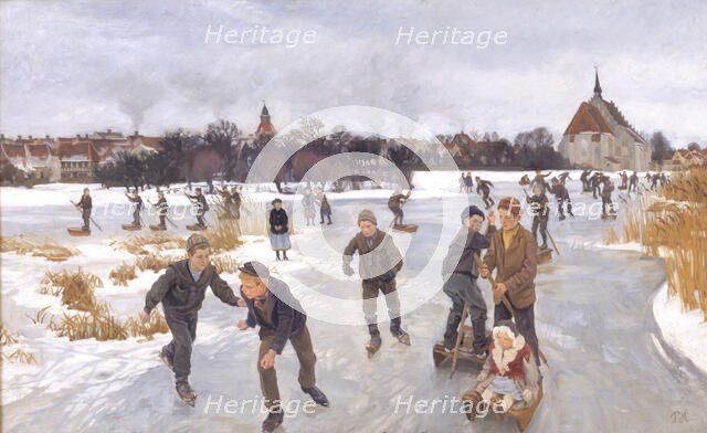 Children skating outside Fåborg, 1901. Creator: Peter Hansen.