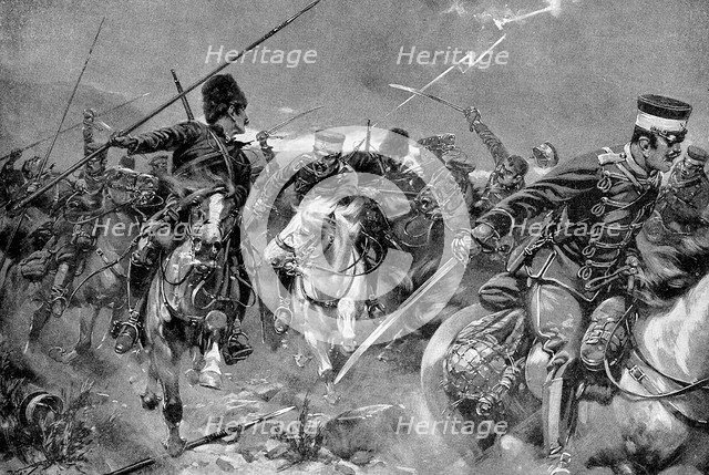 Combat between Cossacks and Japanese Cavalry in a thunderstorm, Russo-Japanese War, 1904-5. Artist: Unknown