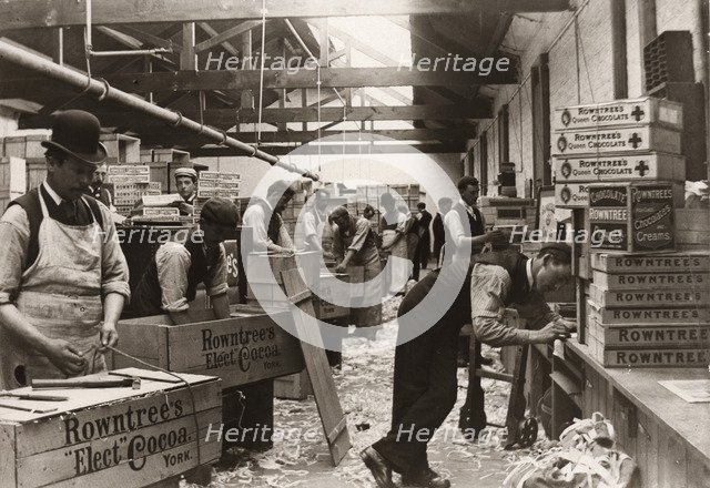 Men sealing cases of Rowntree’s Elect Cocoa, York, Yorkshire, 1893. Artist: Unknown
