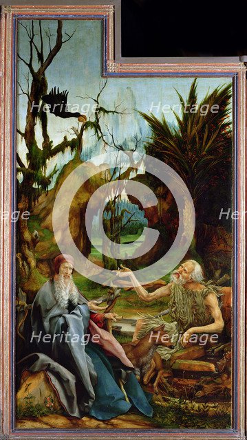 The Isenheim Altarpiece. Left wing: Meeting of Saint Anthony and Saint Paul the Anchorite in the Des Artist: Grünewald, Matthias (ca 1470-1528)