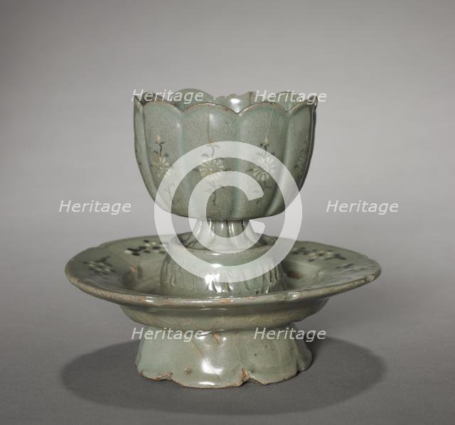 Floral-shaped Cup and Saucer with Inlaid Chrysanthemum Design, 1100s-1200s. Creator: Unknown.