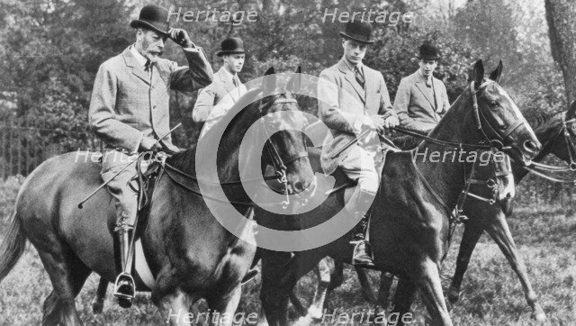 King George V riding in Windsor Great Park with his sons, c1930s. Artist: Unknown