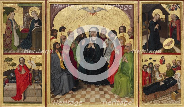 Retable of the Holy Spirit (open). Pentecost, Annunciation, Nativity, Resurrection of Christ and Death of the Virgin, c. 1448. Artist: Workshop of the Wolfgang Retable (ca 1448-1449)