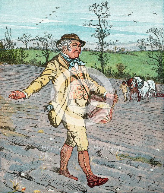 Farmer sowing seed broadcast, 1881. Artist: Randolph Caldecott