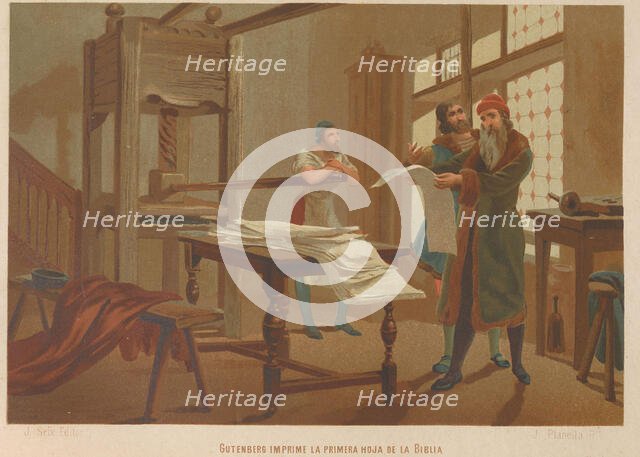 Gutenberg prints the first page of the Bible. From: La ciencia y sus hombres, 1879. Creator: Planella y Rodríguez, Juan (1849-1910).