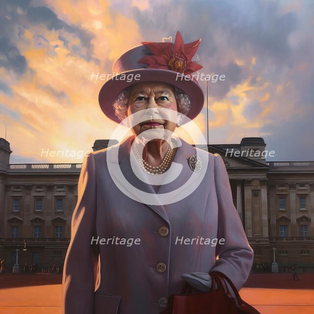 AI IMAGE - Portrait of Queen Elizabeth II in front of Buckingham Palace, 2000s, (2023). Creator: Heritage Images.