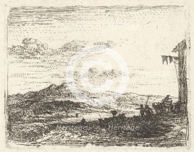 Landscape with corner of building and awning at far right, two figures and a horse-..., ca. 1641-78. Creator: Karel Du Jardin.