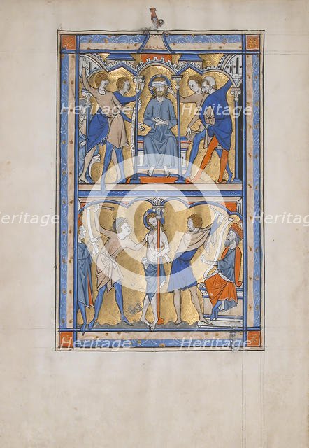 Manuscript Leaf with the Mocking and Flagellation of Christ, from a Royal Psalter, 13th century. Creator: Unknown.
